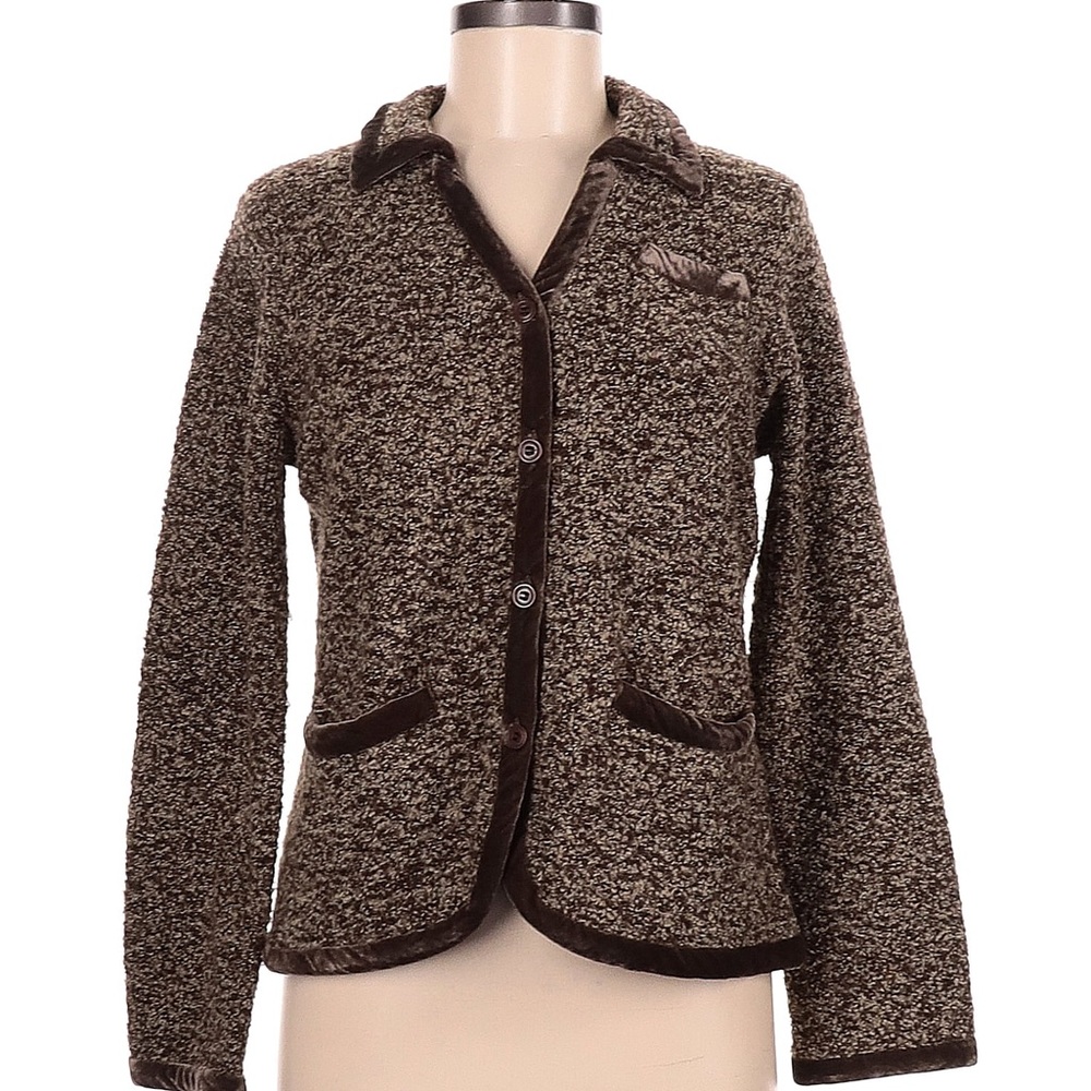 Jones New York Sport women’s cardigan sweater, brown boucle jacket velvet trim